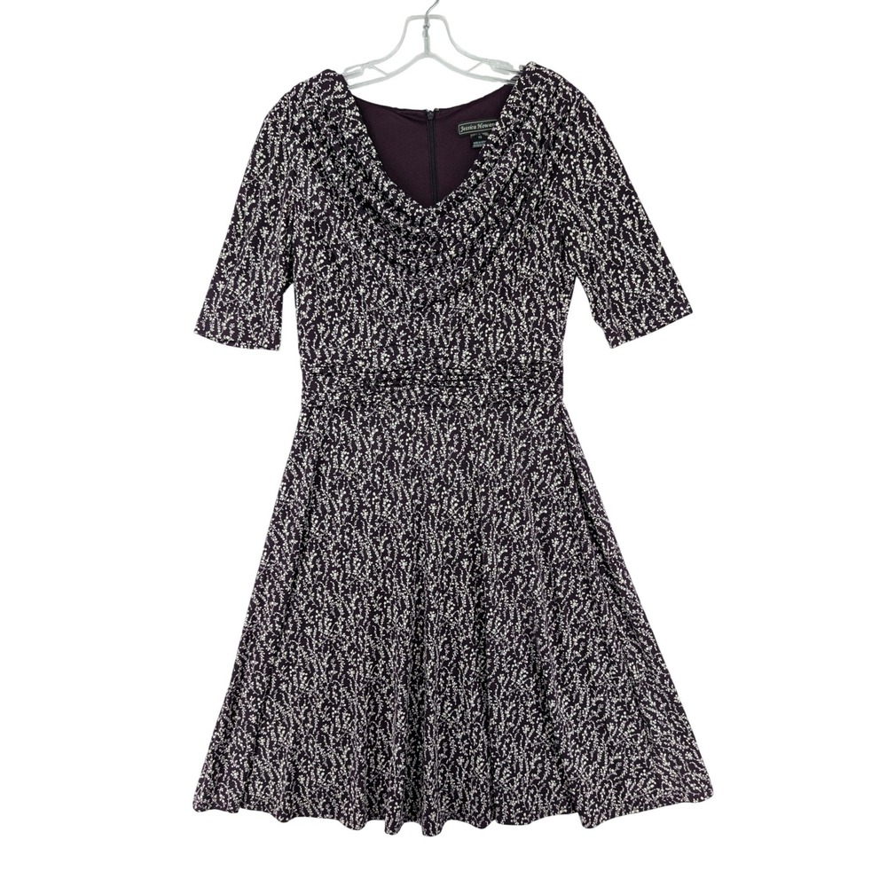 Jessica Howard Womens 10 Purple Floral Vine Cowl Neck Ruched‎ Waist Flare Dress